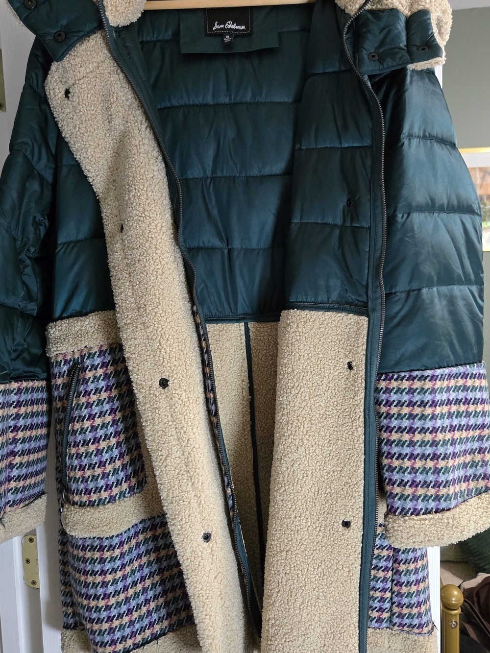 Sam Edelman Teal Puffer Coat with Cream Sherpa and Multicolor Houndstooth - Picture 5 of 7